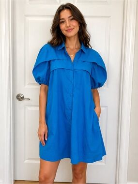 Donna Morgan Bright Blue Puff Sleeve Shirt Dress size 2
